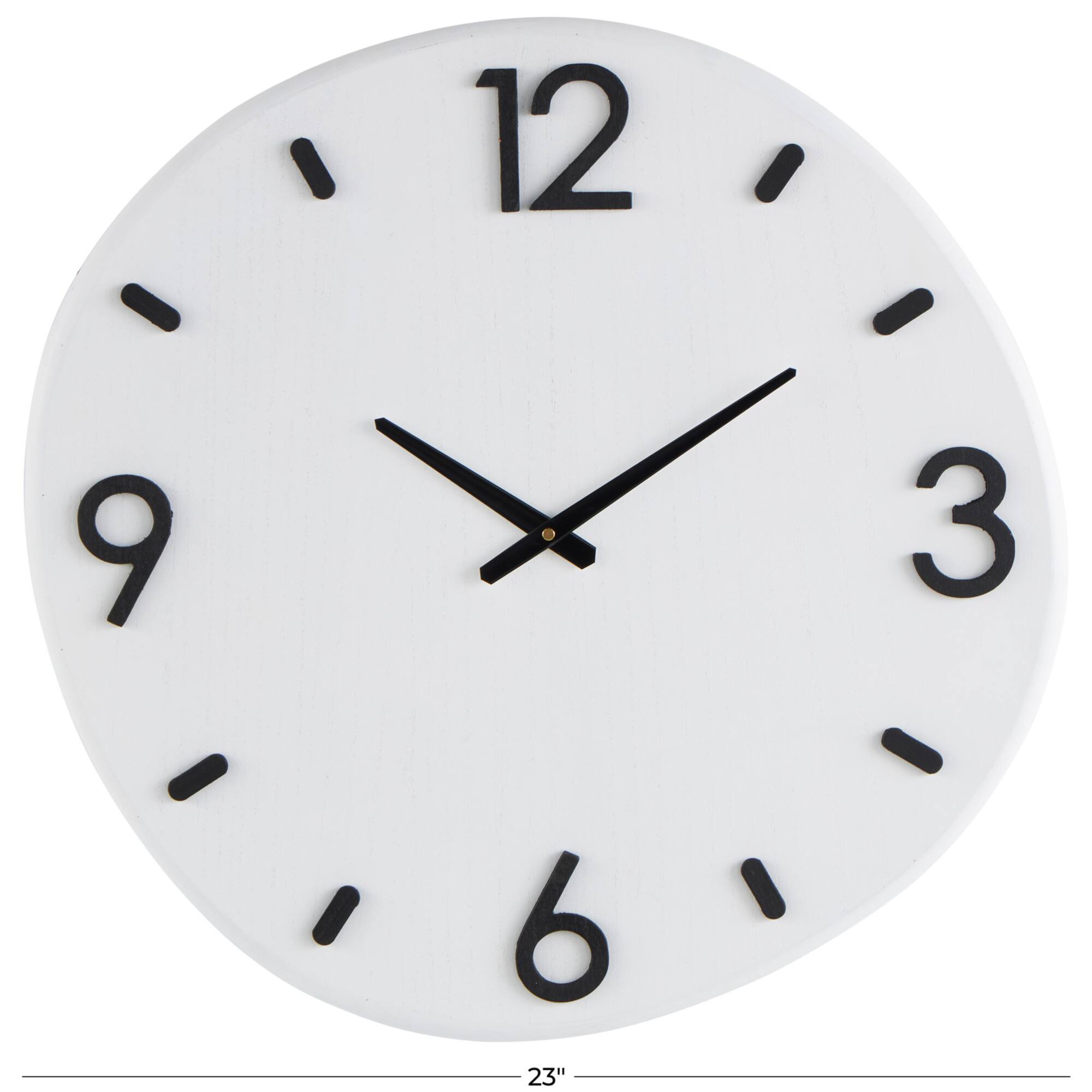 24" x 23" White Wood Round Decorative Wall Clock with Black Hands & Numbers